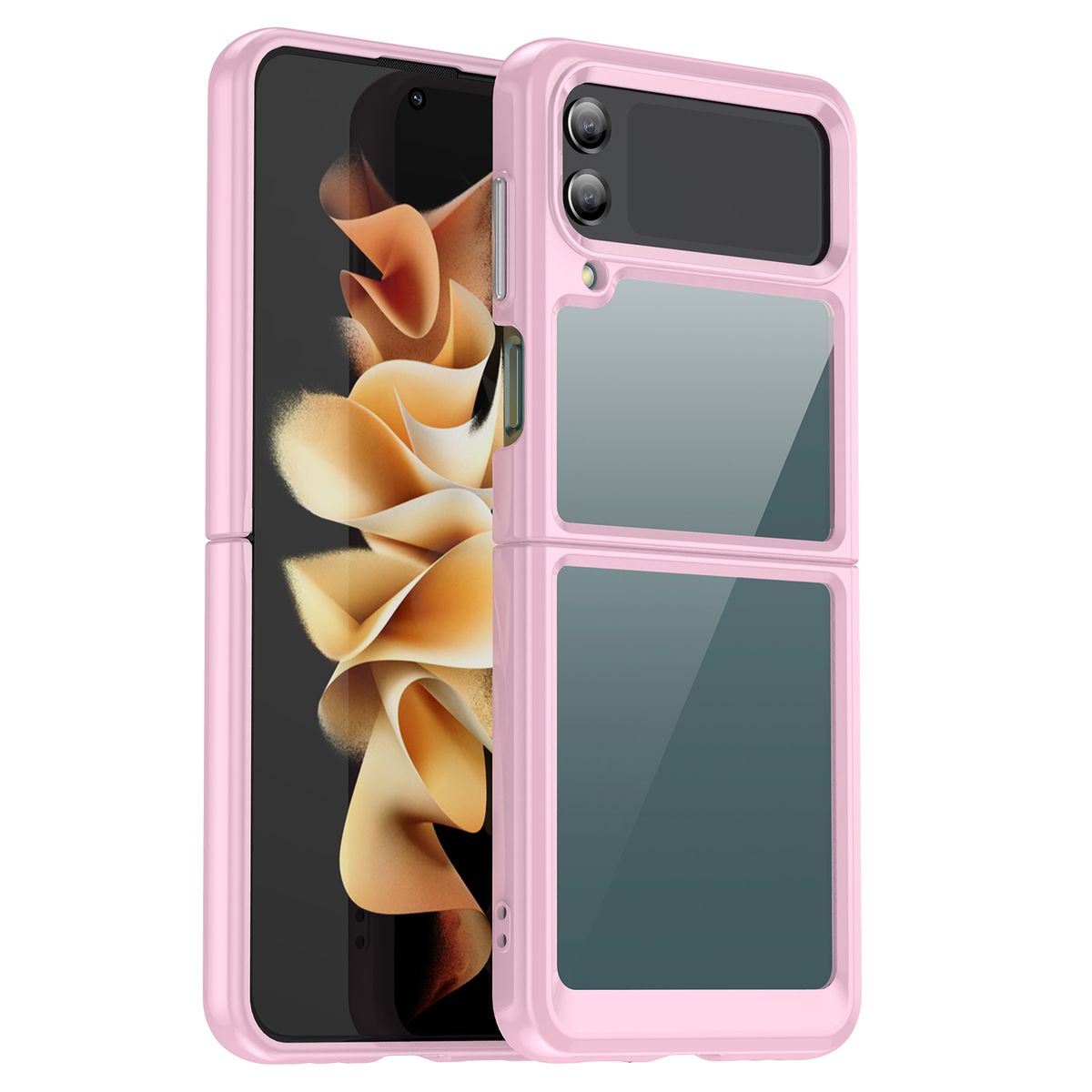 Rosa Handyhülle mit Flip-Design, zeigt ein Telefon innen.