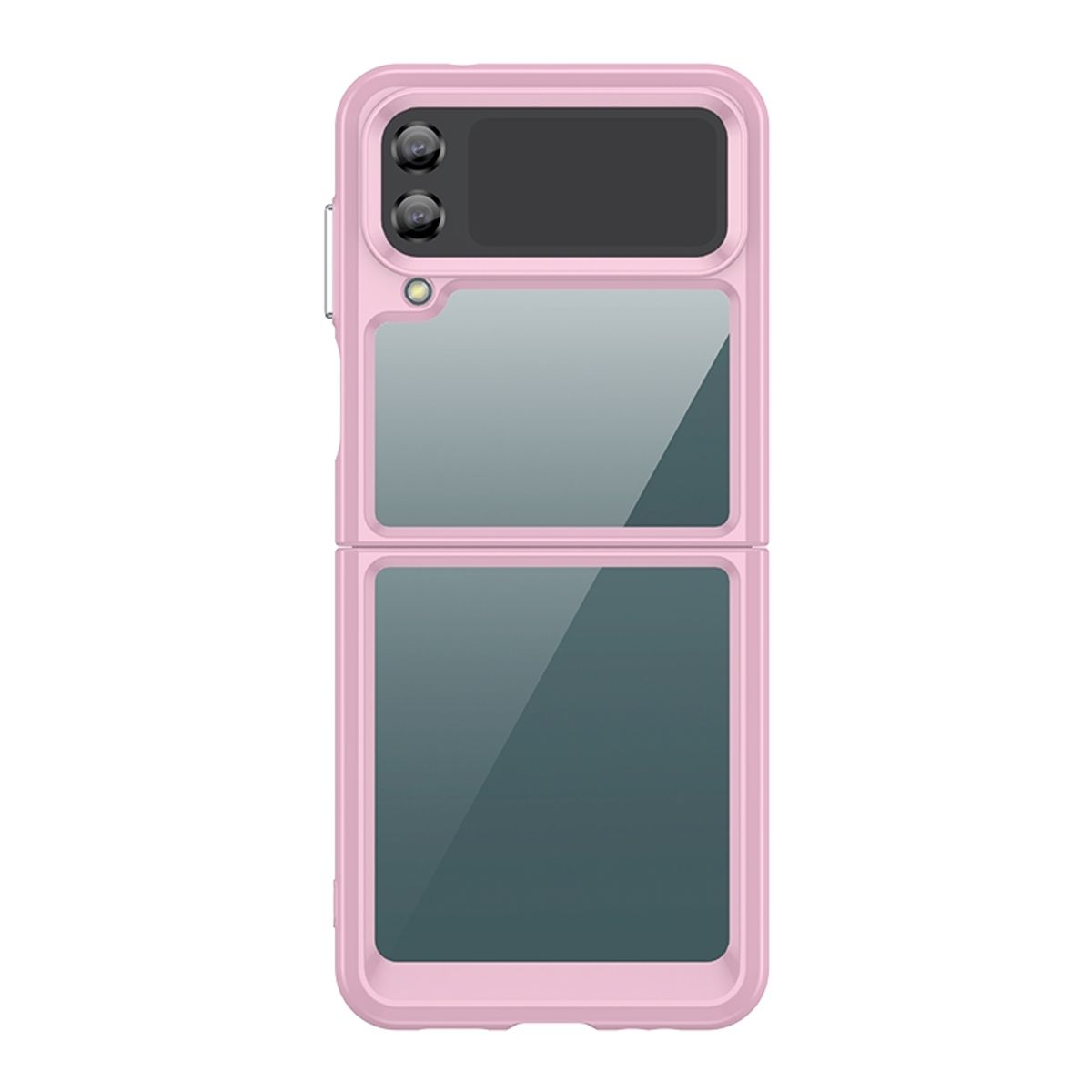 Gezeigt wird eine rosa Handyhülle. Sie ist für ein faltbares Telefon konzipiert und zeigt zwei Bildschirmfenster.