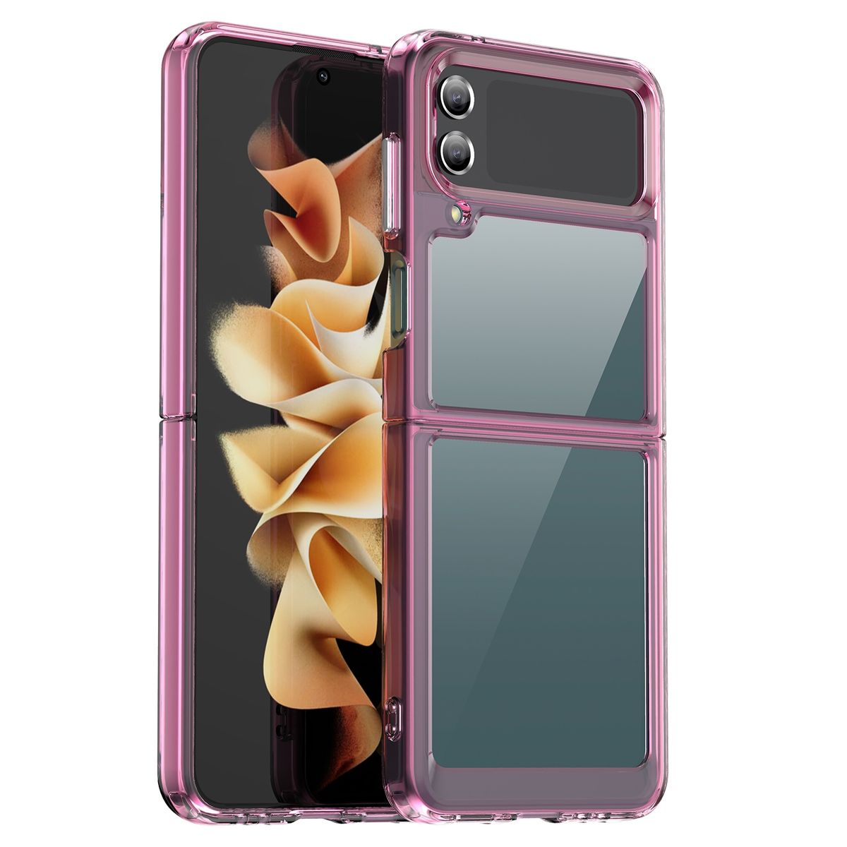 Rosa zusammenklappbare Handyhülle. Telefon ist zusammengeklappt sichtbar.