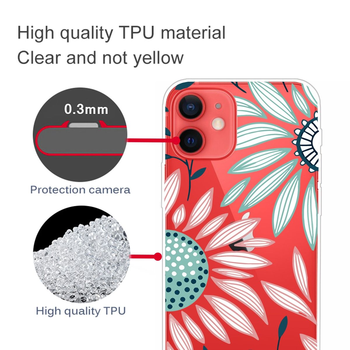 Handyhülle mit Blumendesign, Text weist auf hochwertiges TPU-Material hin. Weißer Hintergrund.