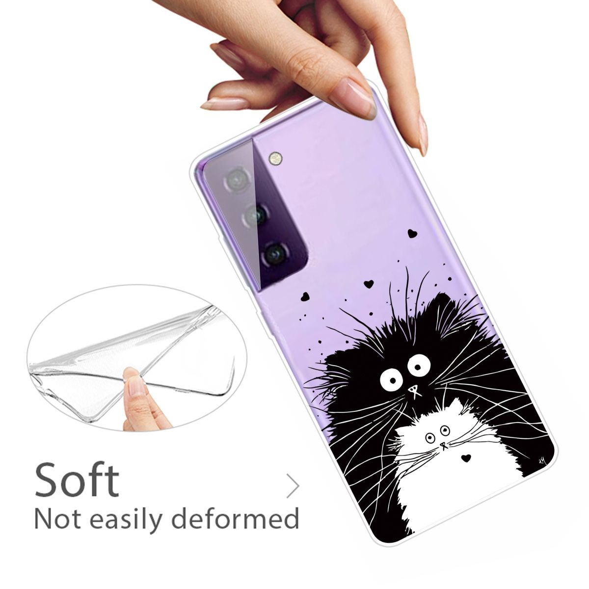 Lila Handyhülle mit Cartoon-Katzen-Design. Die Hülle liegt auf dem Tisch.