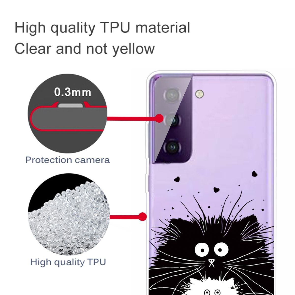 Nahaufnahme einer Handyhülle mit Katzenmotiv. Text: Hochwertiges TPU-Material. Schutz der Kamera.