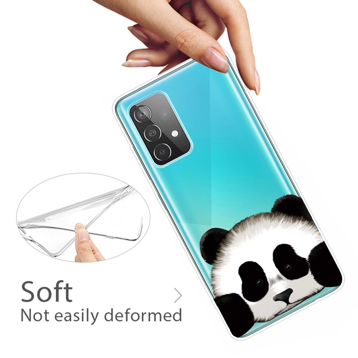 Handyhülle mit einem Panda darauf, gehalten von einer Hand.