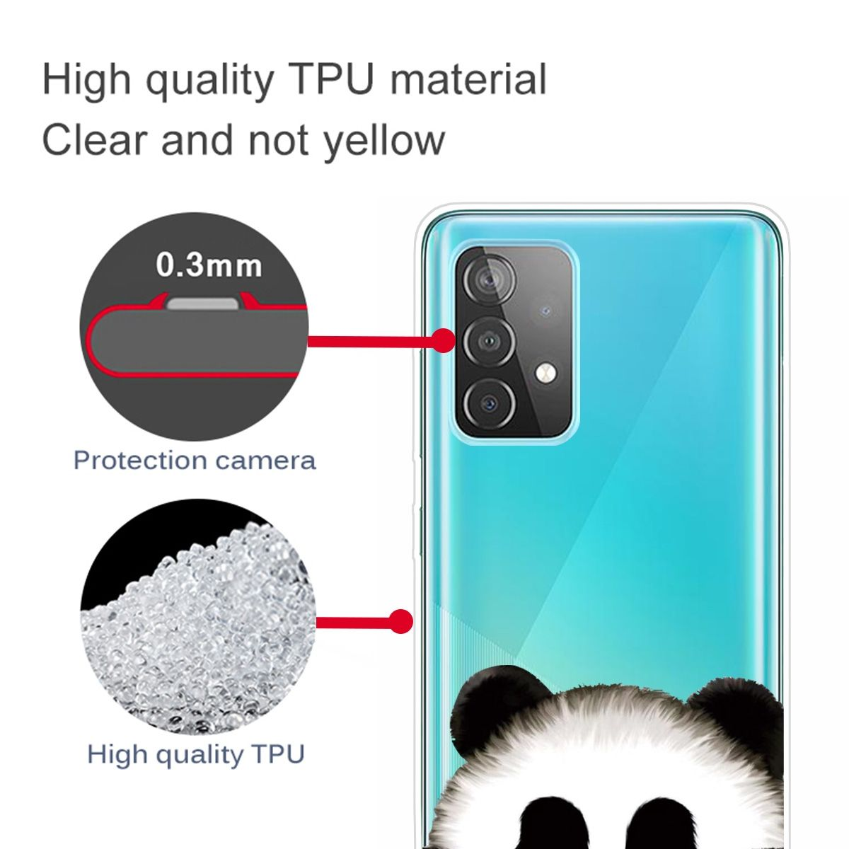 Eine Handyhülle mit Panda-Design, Nahaufnahme des Materials und des Kameraschutzes.