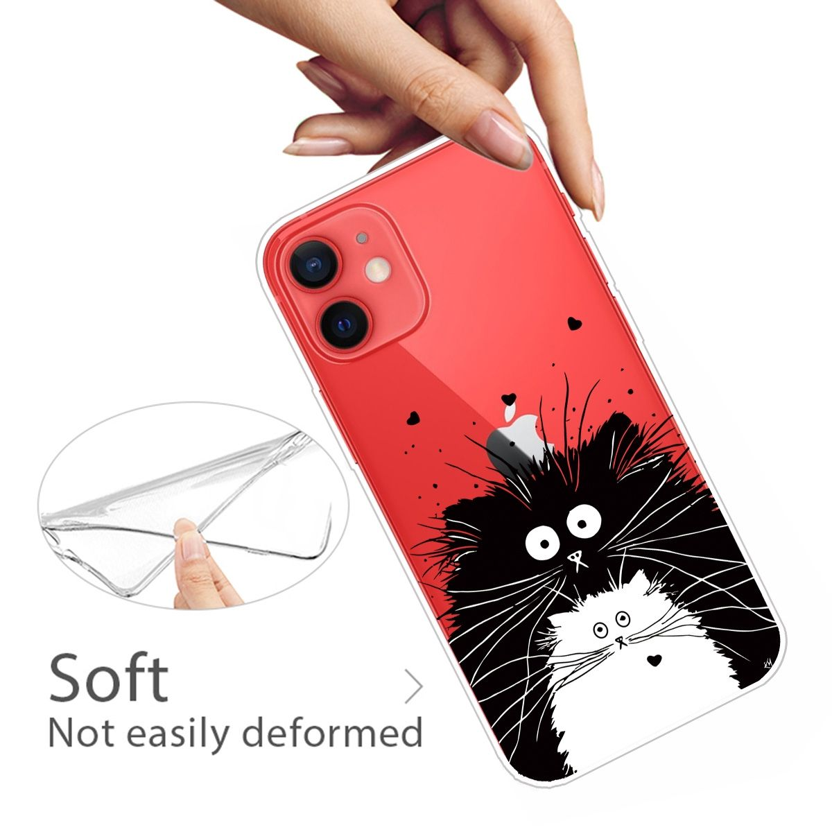 Eine Handyhülle mit einem schwarz-weißen Katzendesign. Die Hülle ist rot.