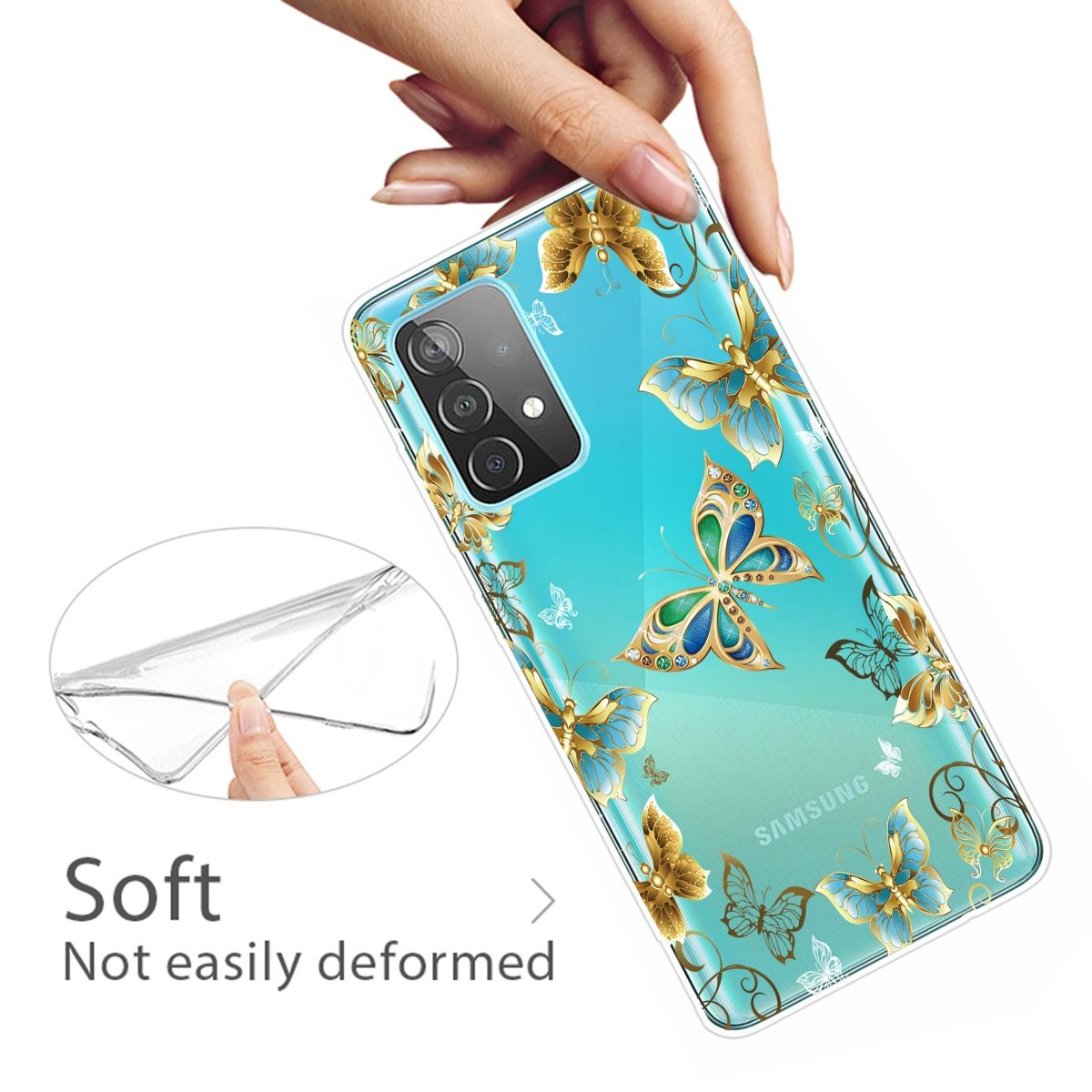 Transparente Handyhülle mit Schmetterlingen. Hand hält die Hülle.