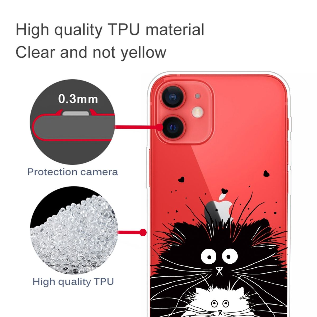 Rote Handyhülle mit schwarz-weißem Katzendesign. Zeigt 'hochwertiges TPU' und Kameraschutz.