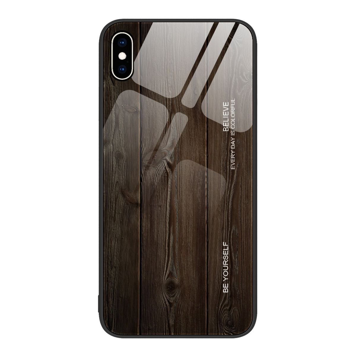 Telefon mit Holzmaserung auf der Rückseite. Text: 'BELIEVE' und 'BE YOURSELF'.