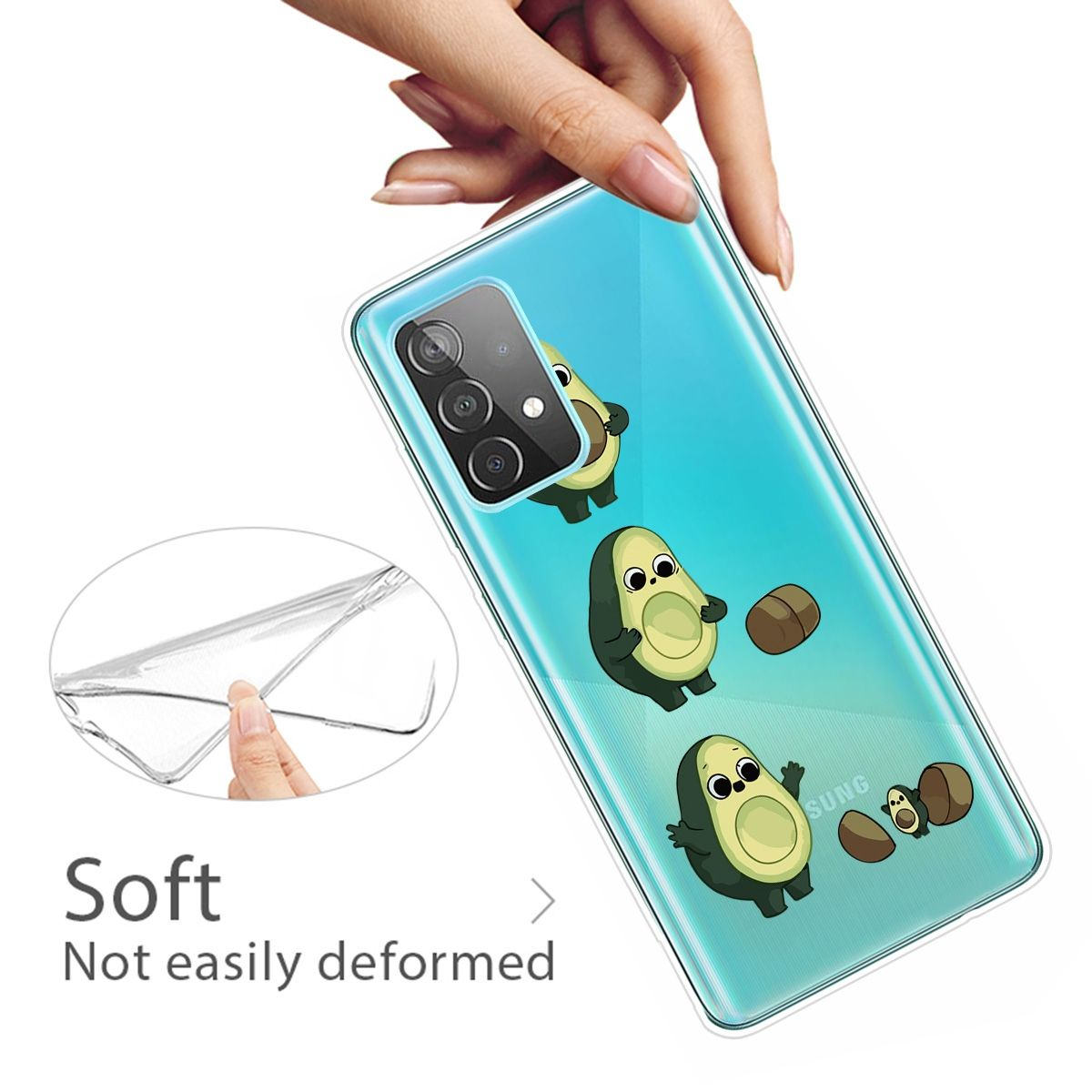 Transparente Handyhülle mit Avocado-Cartoonfiguren. Eine Hand hält sie.