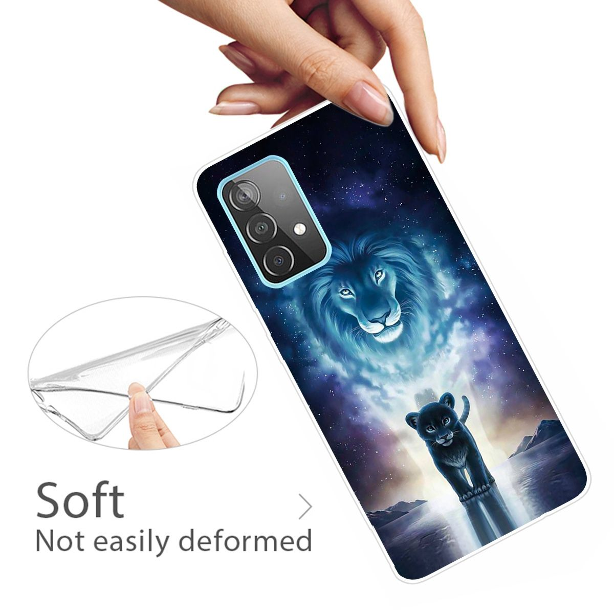 Hand hält eine Handyhülle mit Löwen- und Jungtierdesign in einem Sternenhimmel.