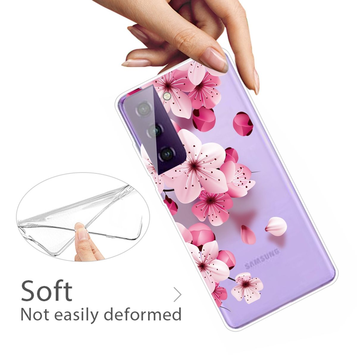 Transparente Handyhülle mit Blumendesign. Eine Hand hält die Hülle über einem lila Telefon.
