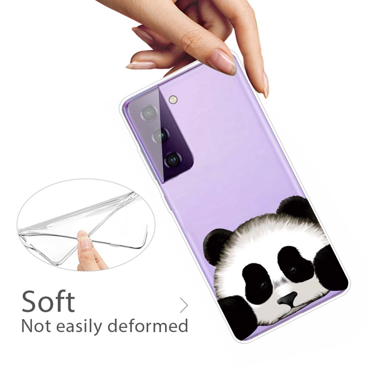 Eine Handyhülle mit Pandadesign, gehalten von einer Hand.
