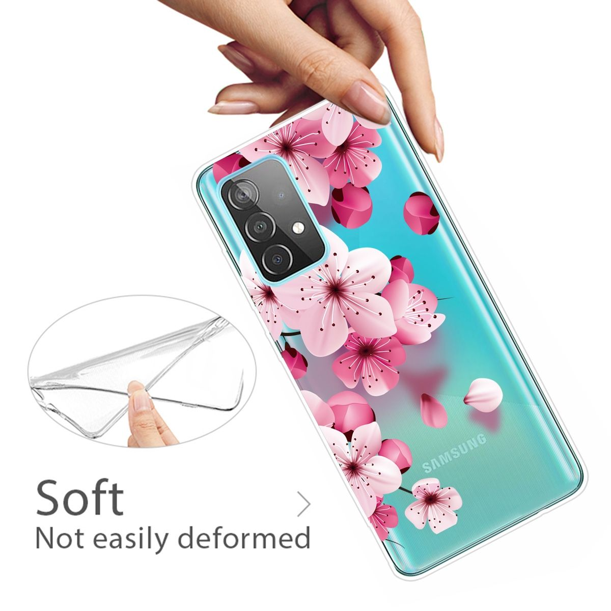 Handyhülle mit rosa Blumen auf türkisem Hintergrund. Telefon innen. Hand hält die Hülle.