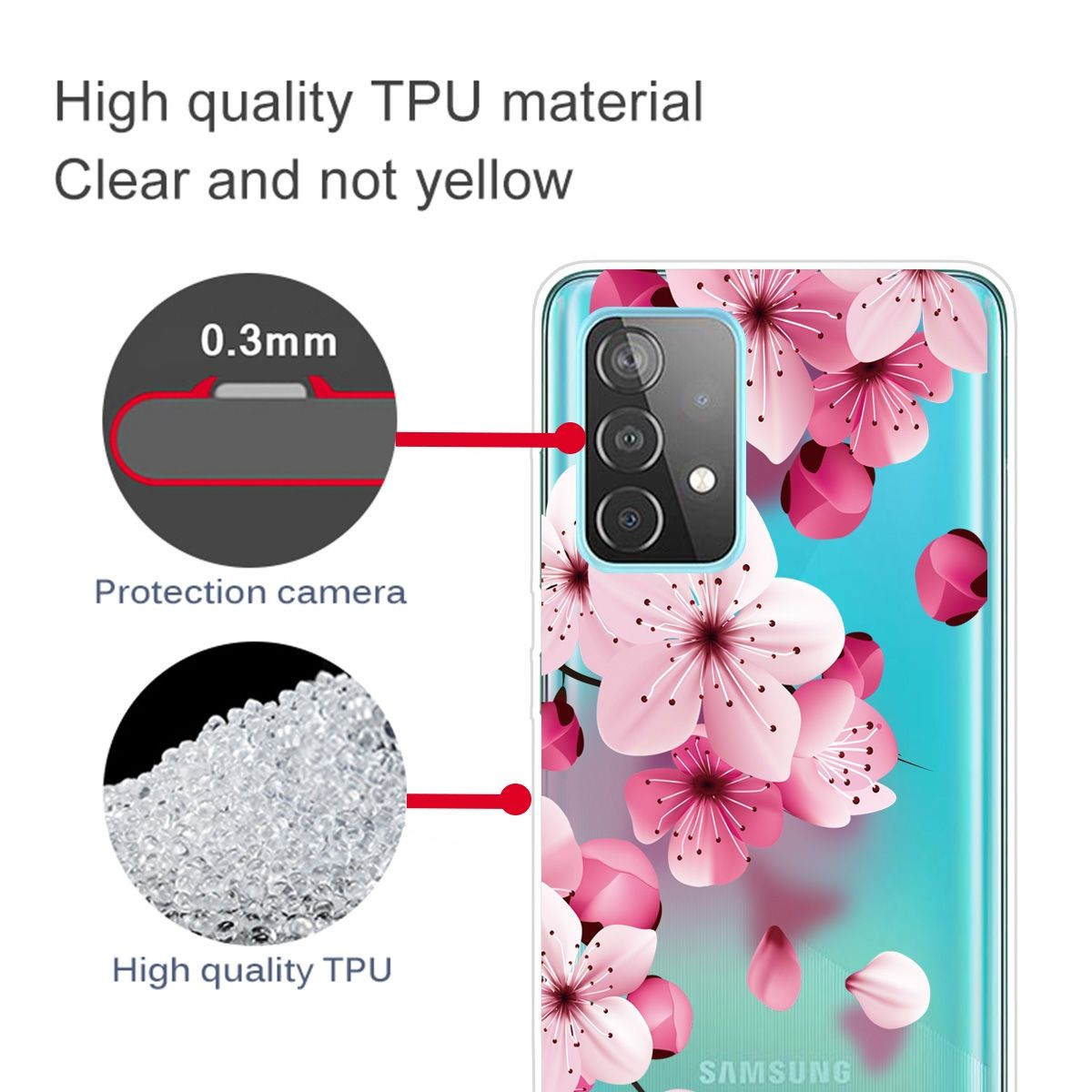 Transparente Handyhülle mit rosa Blumen und Telefondetails. 0,3 mm dick mit hochwertigem TPU.