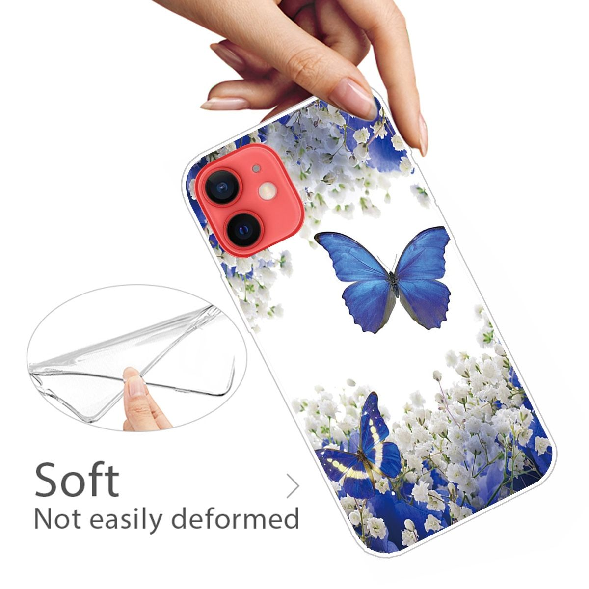 Handyhülle mit Schmetterlingsdesign. Das Telefon ist klar mit einem Schmetterlingsdesign. Eine Hand hält das Telefon.