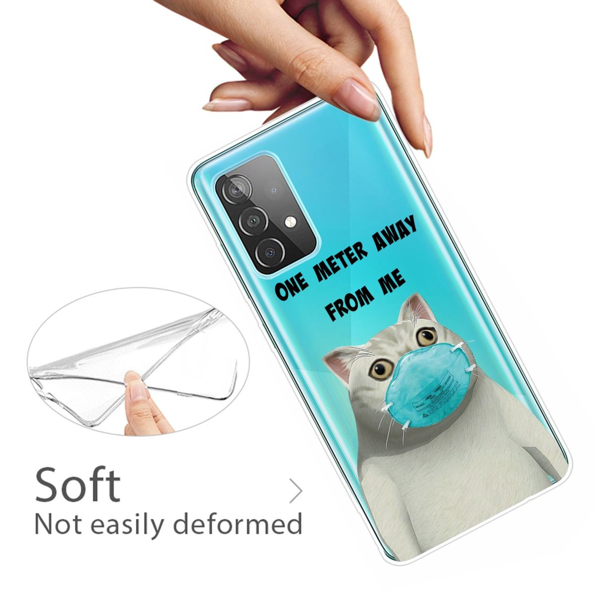 Eine Handyhülle mit einer Katze mit Maske wird von einer Hand gehalten. Text sagt: 'Ein Meter weg von mir'.