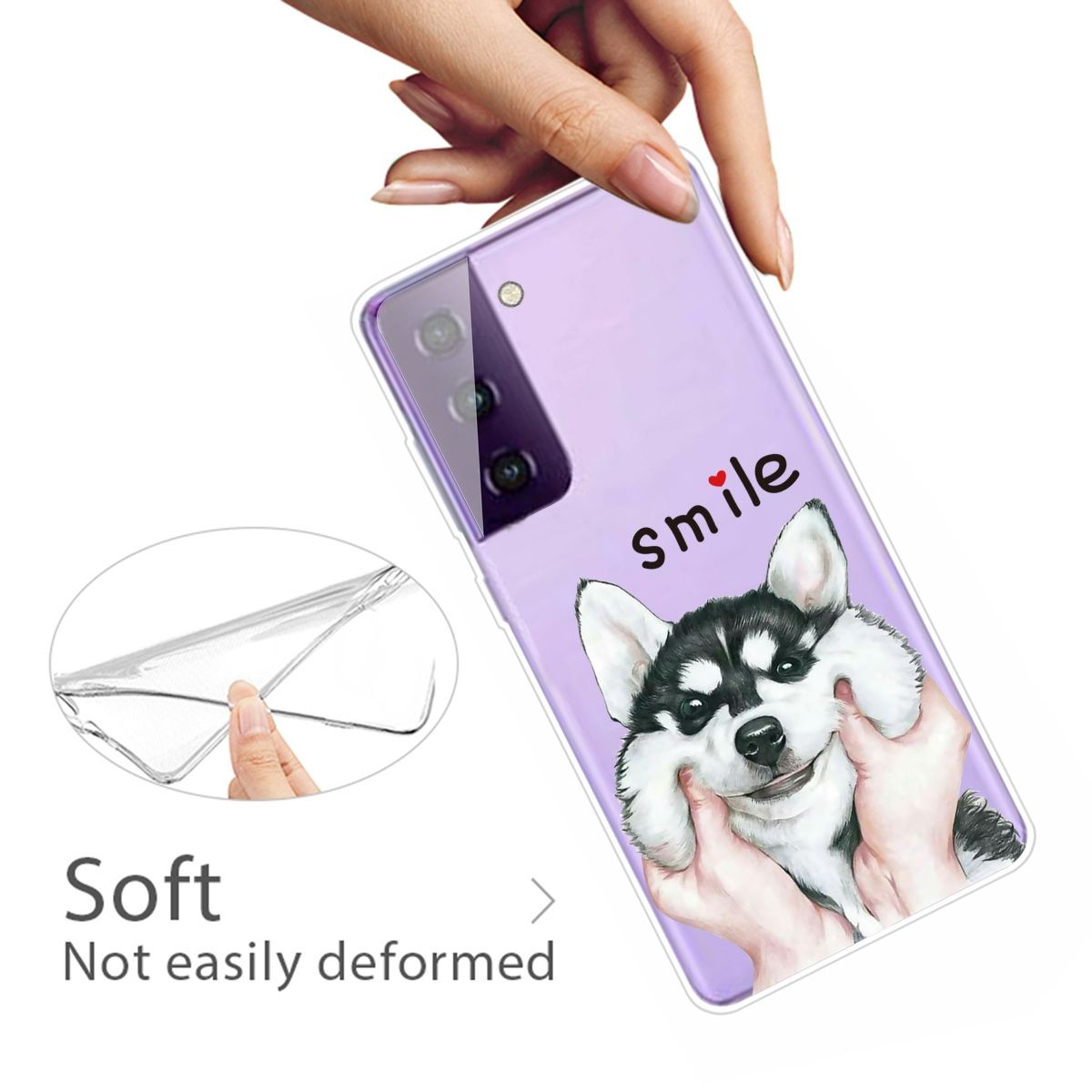 Eine Handyhülle mit einer Hundeillustration, mit dem Wort 'smile' darauf. Text mit 'Soft'.