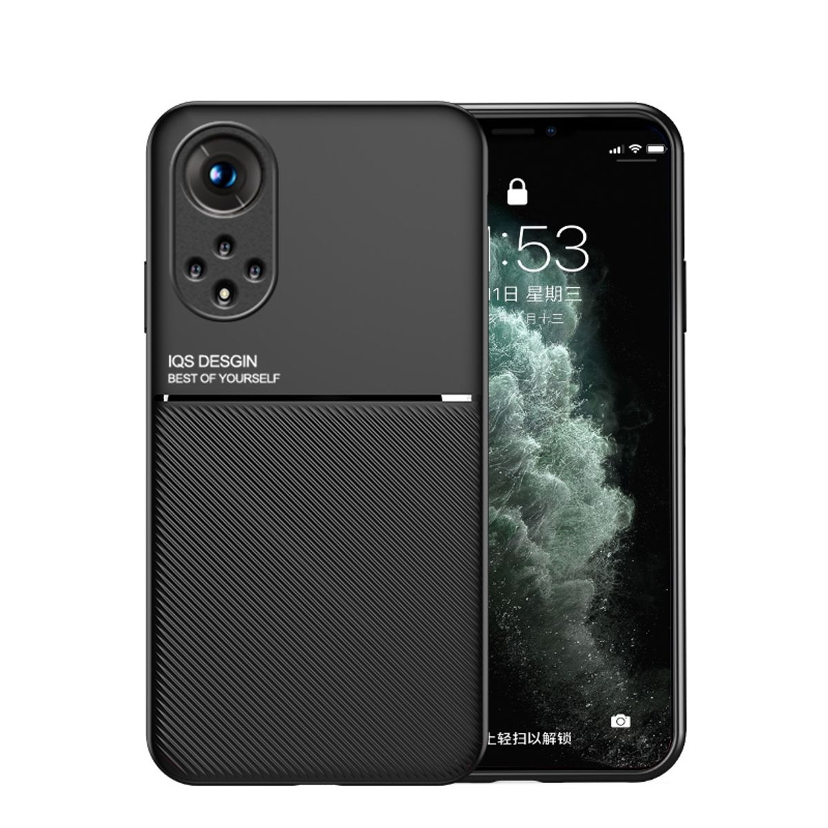 Schwarze Handyhülle mit Kameraerhöhung und ein iPhone mit gesperrtem Bildschirm.