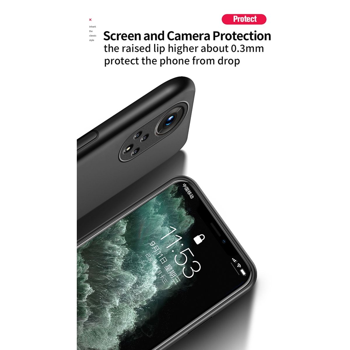 Eine schwarze Handyhülle mit einem schwarzen Telefon darin. Der Telefonbildschirm zeigt die Uhrzeit an.