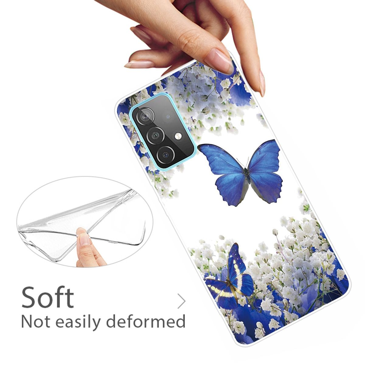 Eine Handyhülle mit Schmetterlings- und Blumendesign, mit einer Hand, die eine transparente hält.