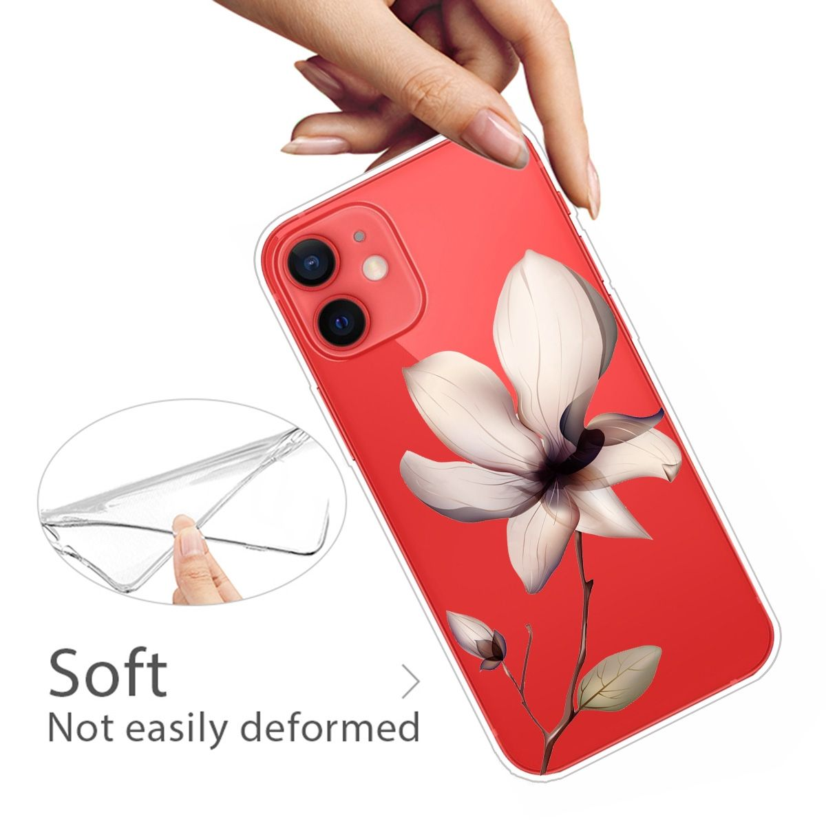 Eine Hand, die eine transparente Handyhülle mit floralem Design hält. Die Hülle ist über einem roten Telefon.