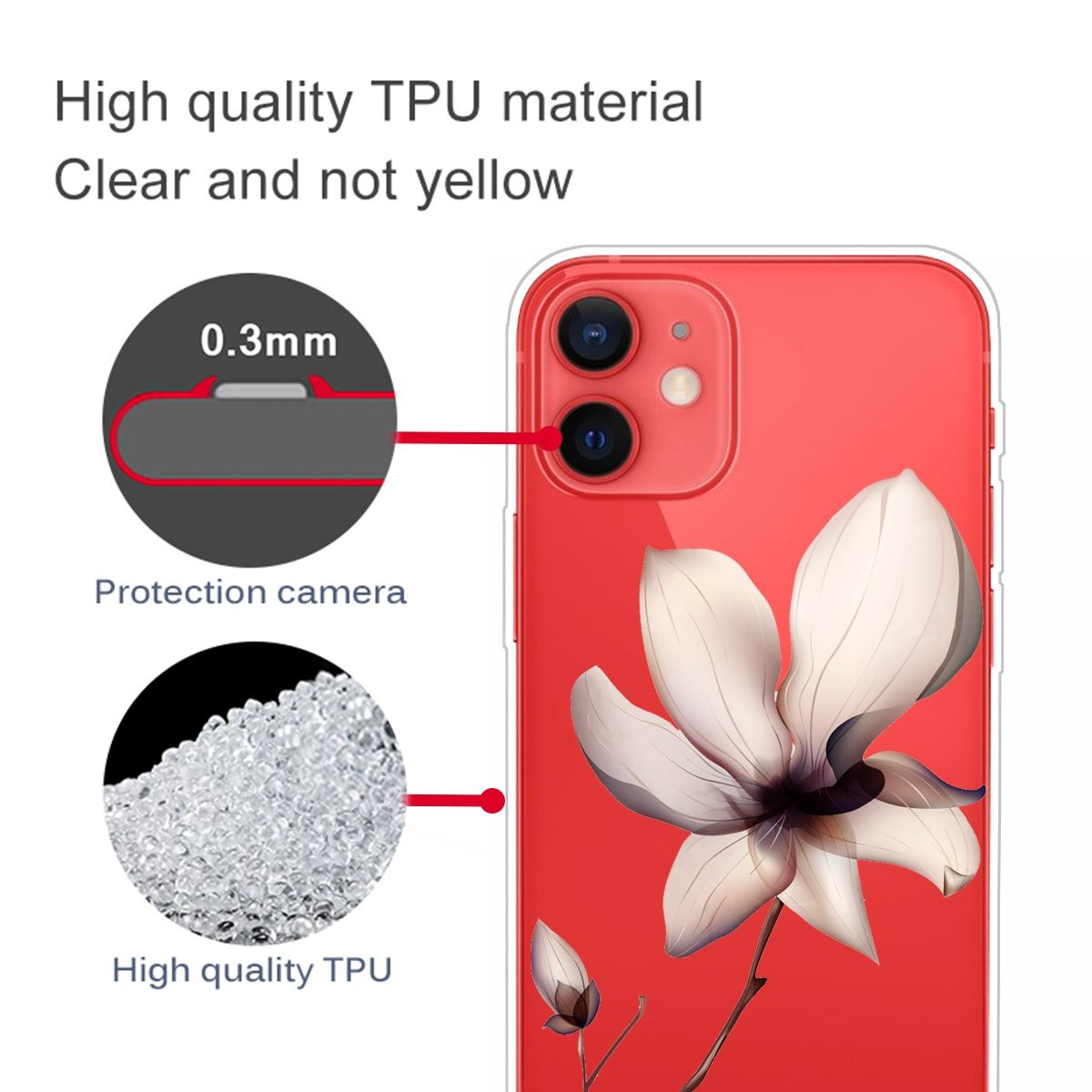 Eine rote Handyhülle mit weißem Blumendesign. Das Bild zeigt das TPU-Material und den Kameraschutz.