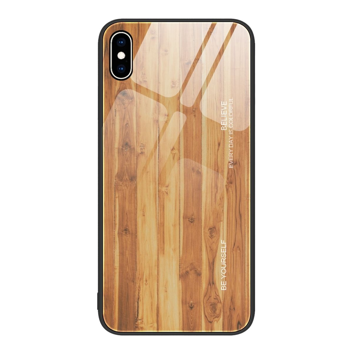 Handyhülle mit Holzmaserungsdesign. Text: 'Believe Every Day Is Colorful' und 'Be Yourself'.