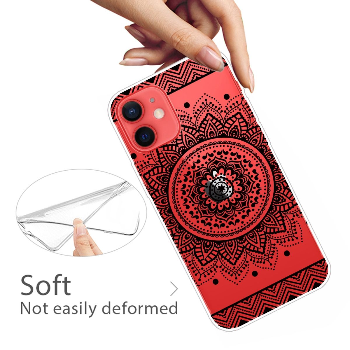 Rote Handyhülle mit Mandala-Design, von einer Hand gehalten. Transparente Abdeckung.