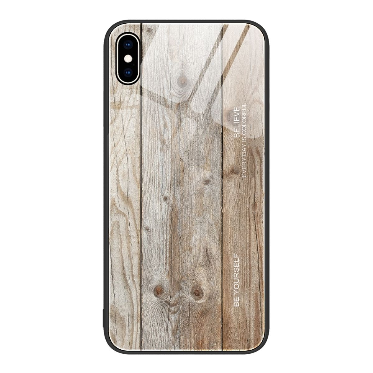 Handyhülle mit Holzmaserungsdesign. Die Hülle trägt die Worte "GLAUBE JEDER TAG IST BUNT SEI DU SELBST".