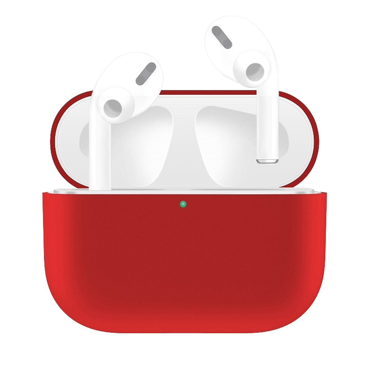 Rotes AirPods-Etui geöffnet, AirPods innen. Weißer Hintergrund.