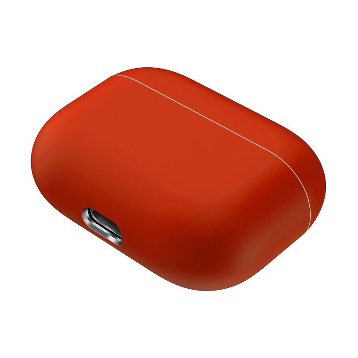 Orangenes AirPods-Case. Es hat eine einfarbige Farbe, mit einem sichtbaren Ladeanschluss an der Unterseite.