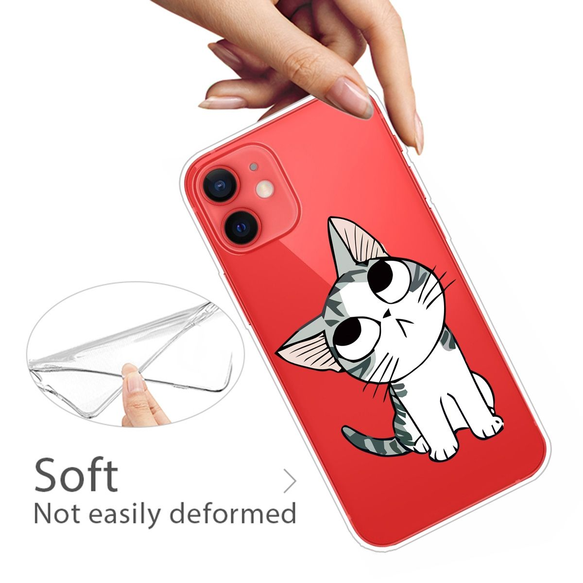 Hand hält eine Handyhülle mit einer Zeichentrickkatze auf rotem Hintergrund.