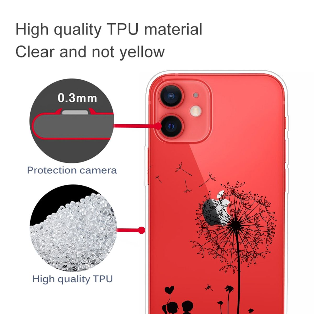 Rote Handyhülle mit Pusteblumen-Design, mit Details zum TPU-Material und Kameraschutz.
