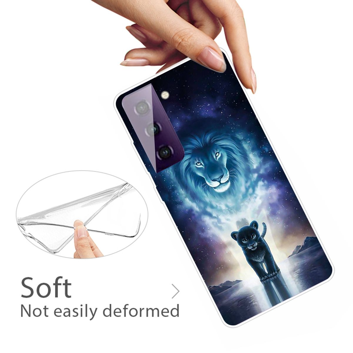 Handyhülle mit Löwen-Design in sternenklarem Nachthimmel, gehalten von einer Hand.