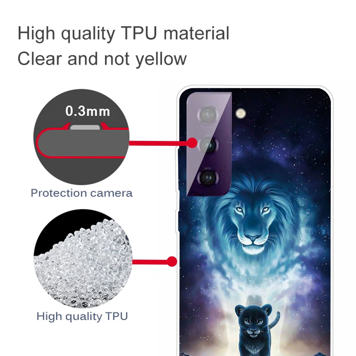 Nahaufnahme einer Handyhülle mit Löwen-Design. Klares TPU-Material mit Details.