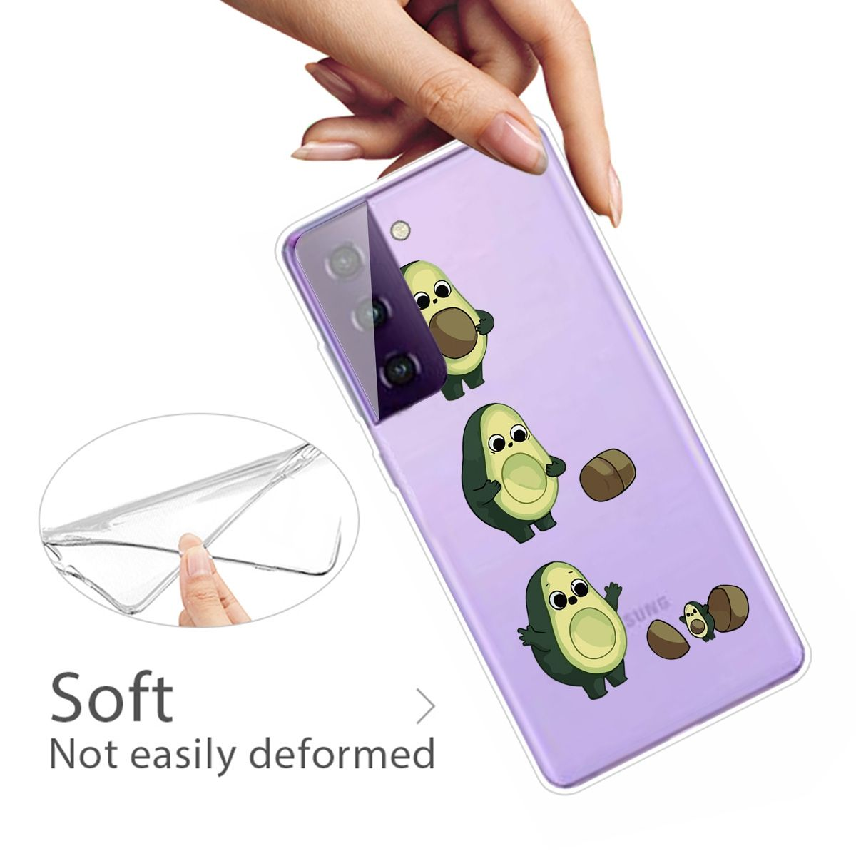 Eine Handyhülle mit Cartoon-Avocados. Es steht 'Soft' und 'Not easily deformed'.