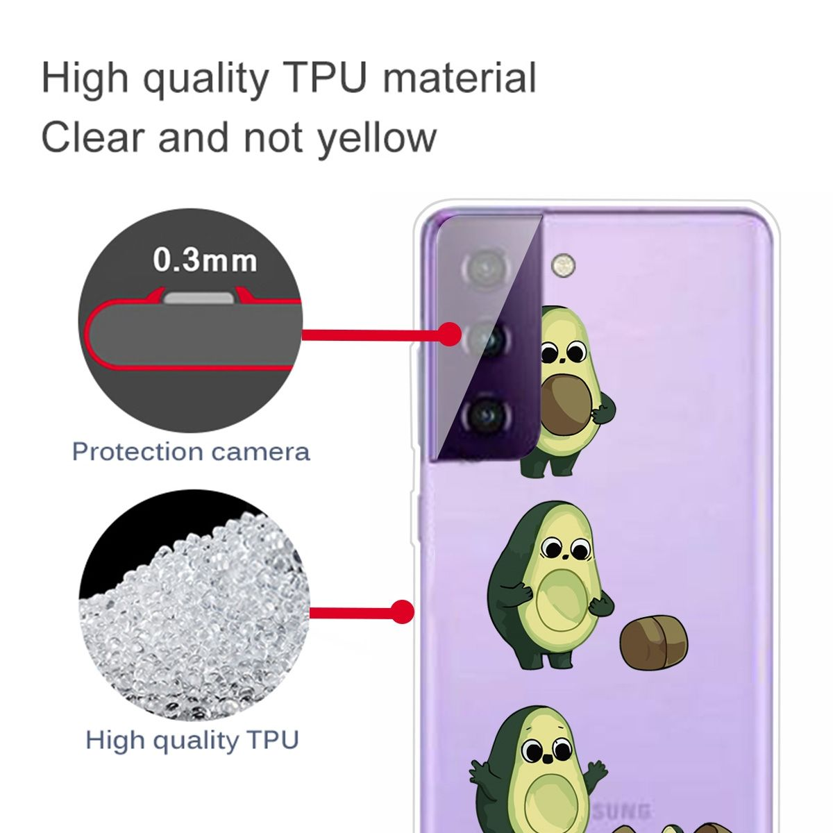 Gezeigt wird eine transparente Handyhülle mit Avocado-Cartoon-Charakteren. Text beschreibt das TPU-Material.