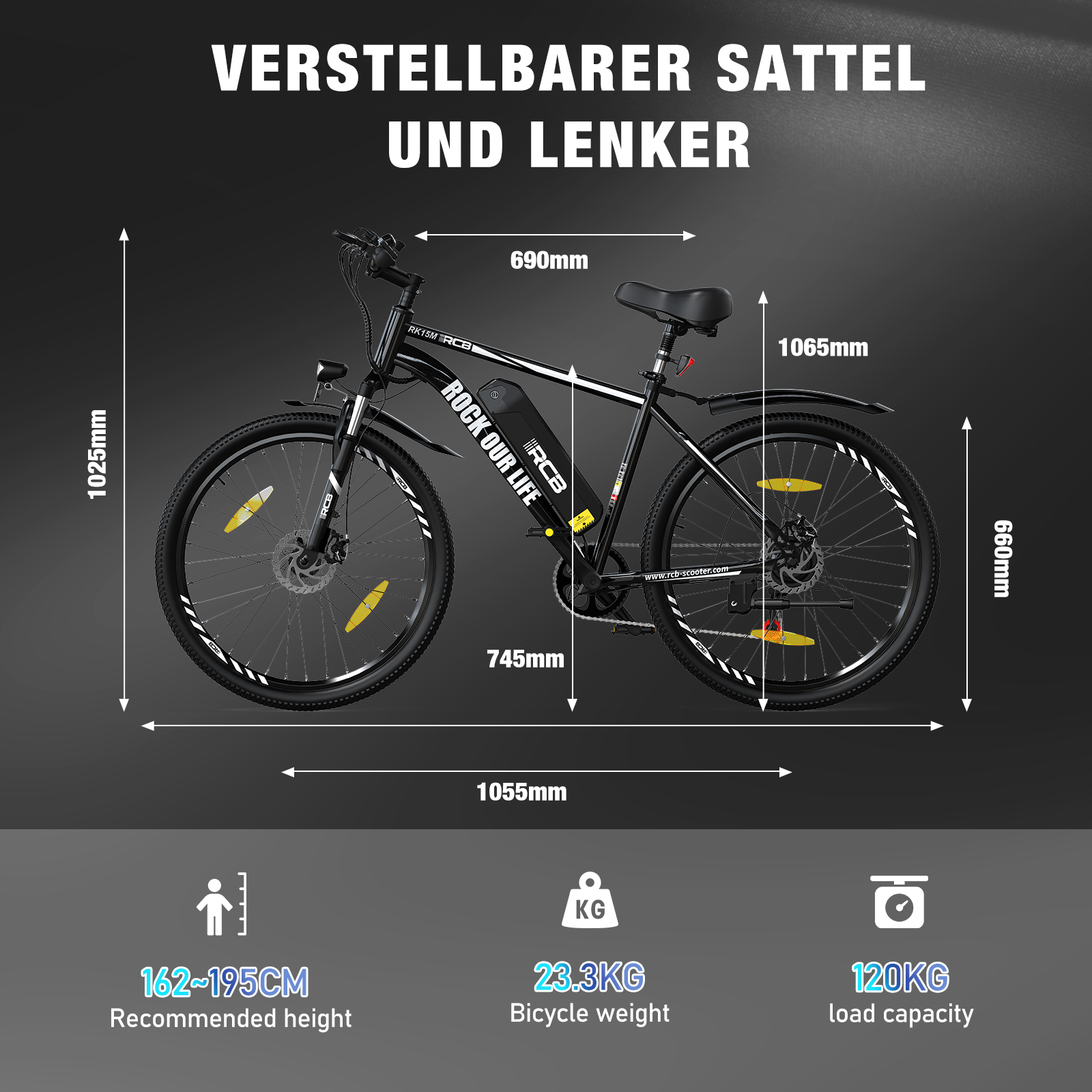 Bicicleta eléctrica negra, medidas indicadas. Texto en bici: Rock our life. Asiento y manillar ajustables.