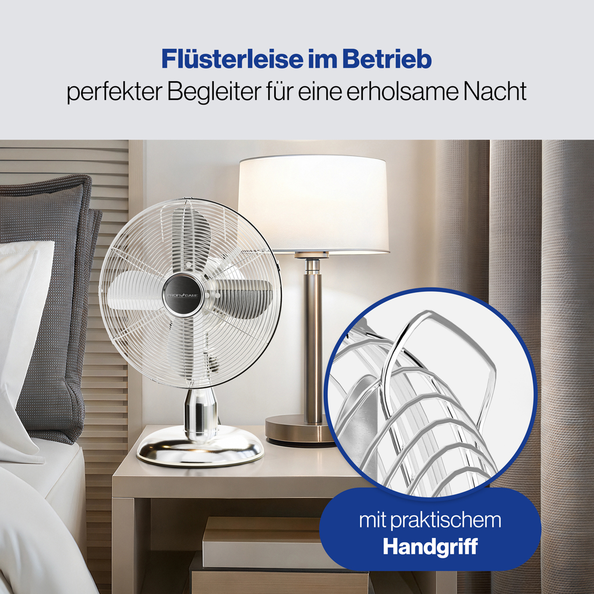 Srebrny wentylator na stoliku nocnym z lampą. Tekst: Szept cichy. Szczegół praktycznego uchwytu.