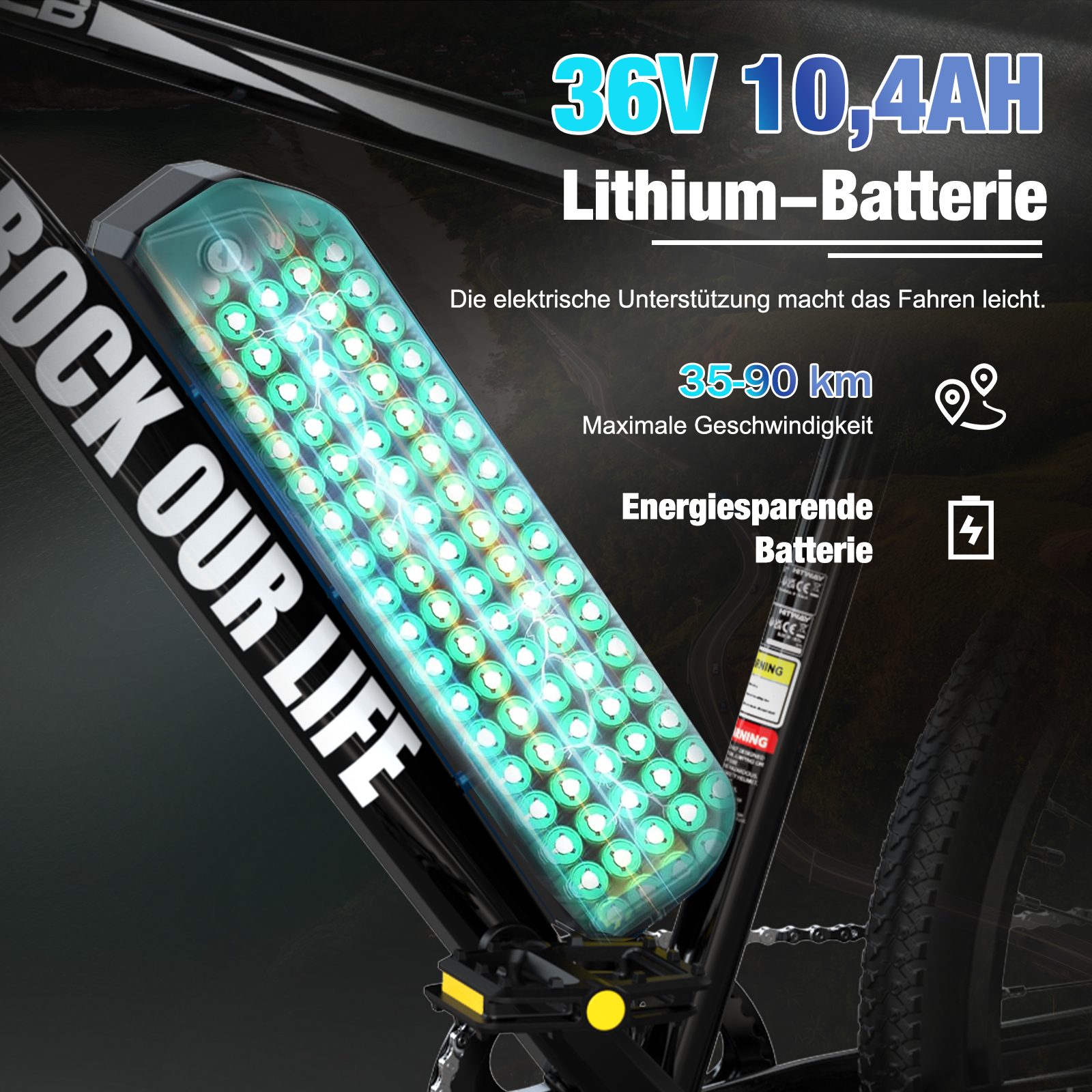 Primer plano de batería de e-bike con texto "36V 10.4AH Lithium-Batterie".