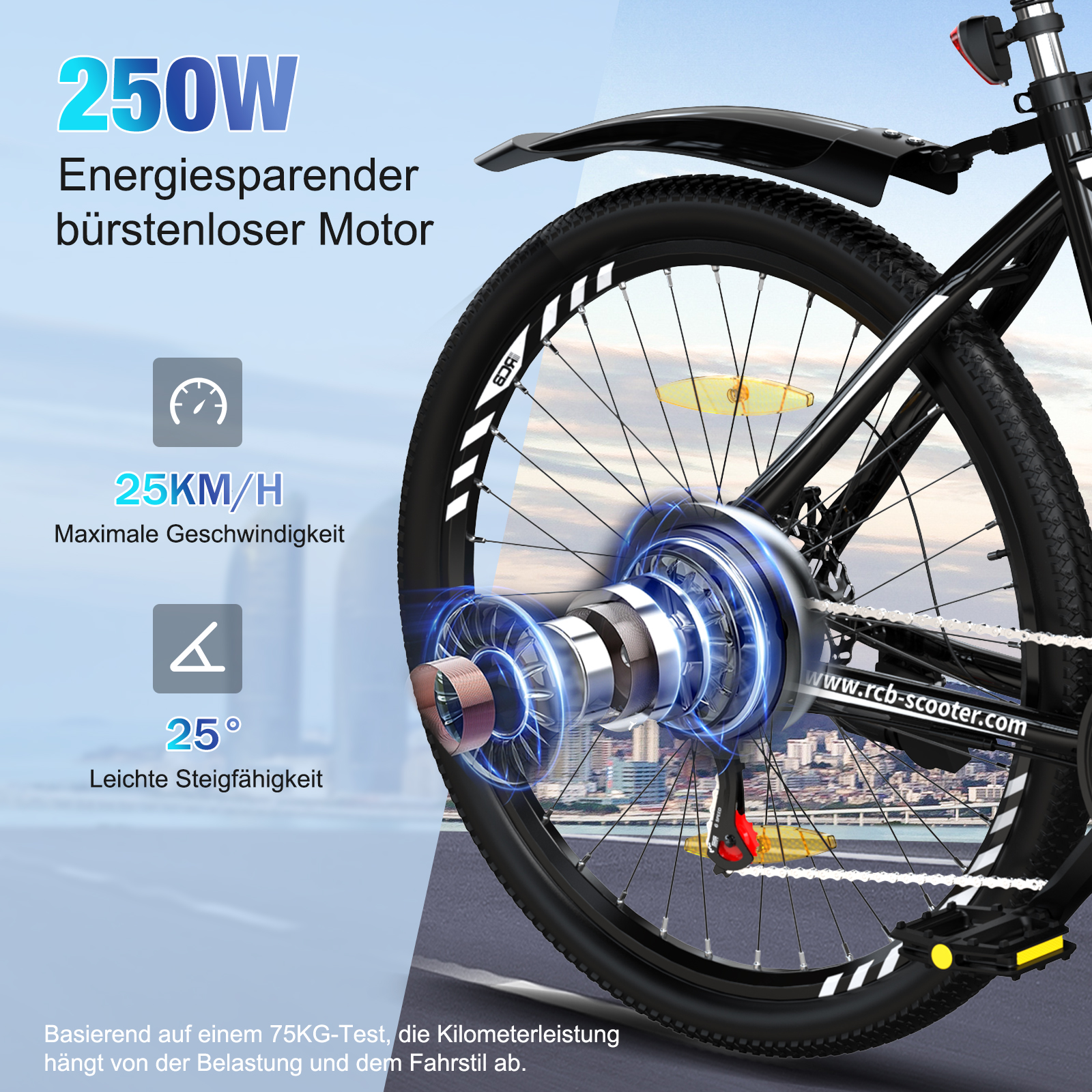 Una rueda de bicicleta eléctrica con texto sobre el motor.