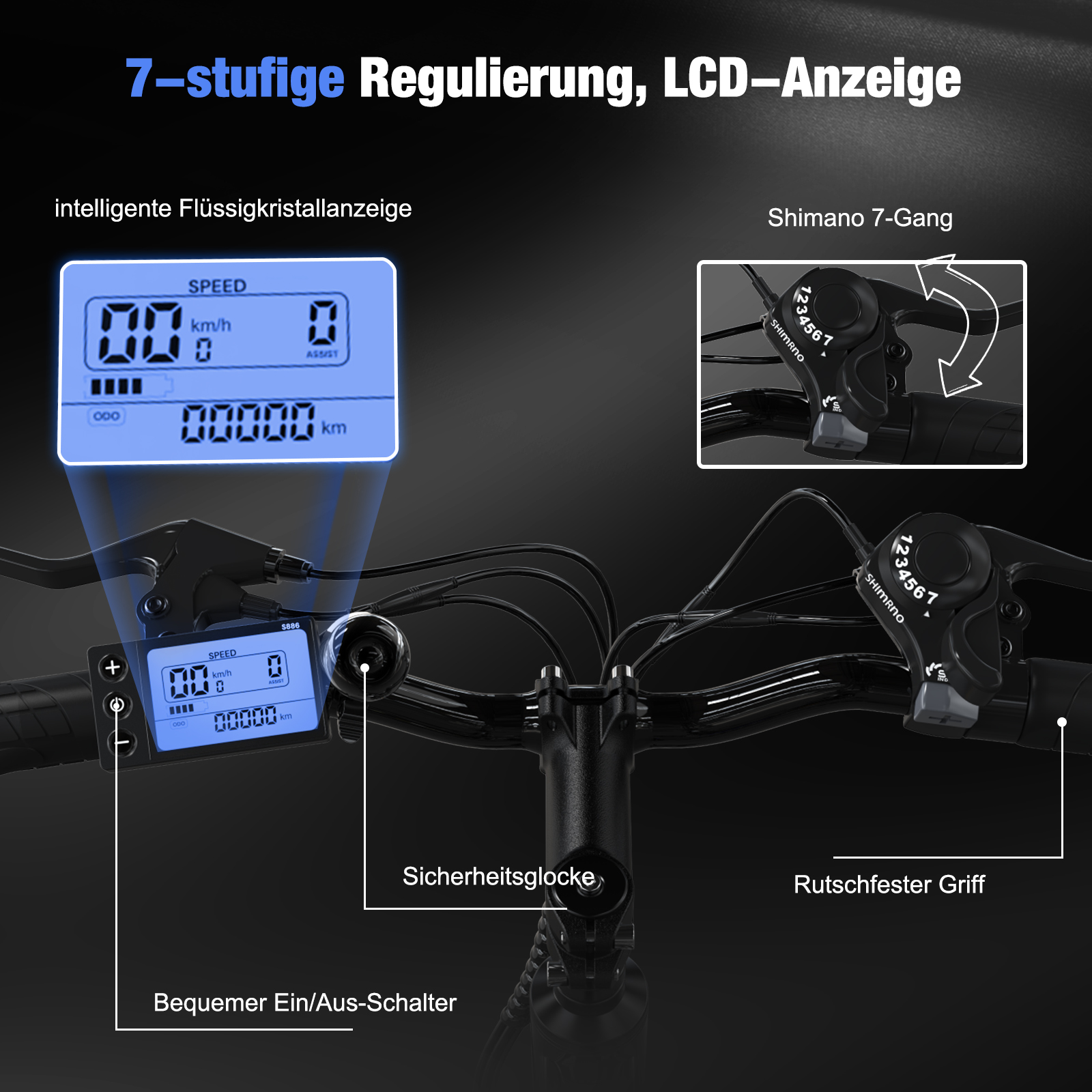 Manubrio bici con display LCD che mostra velocità e livello assistenza, cambio Shimano.