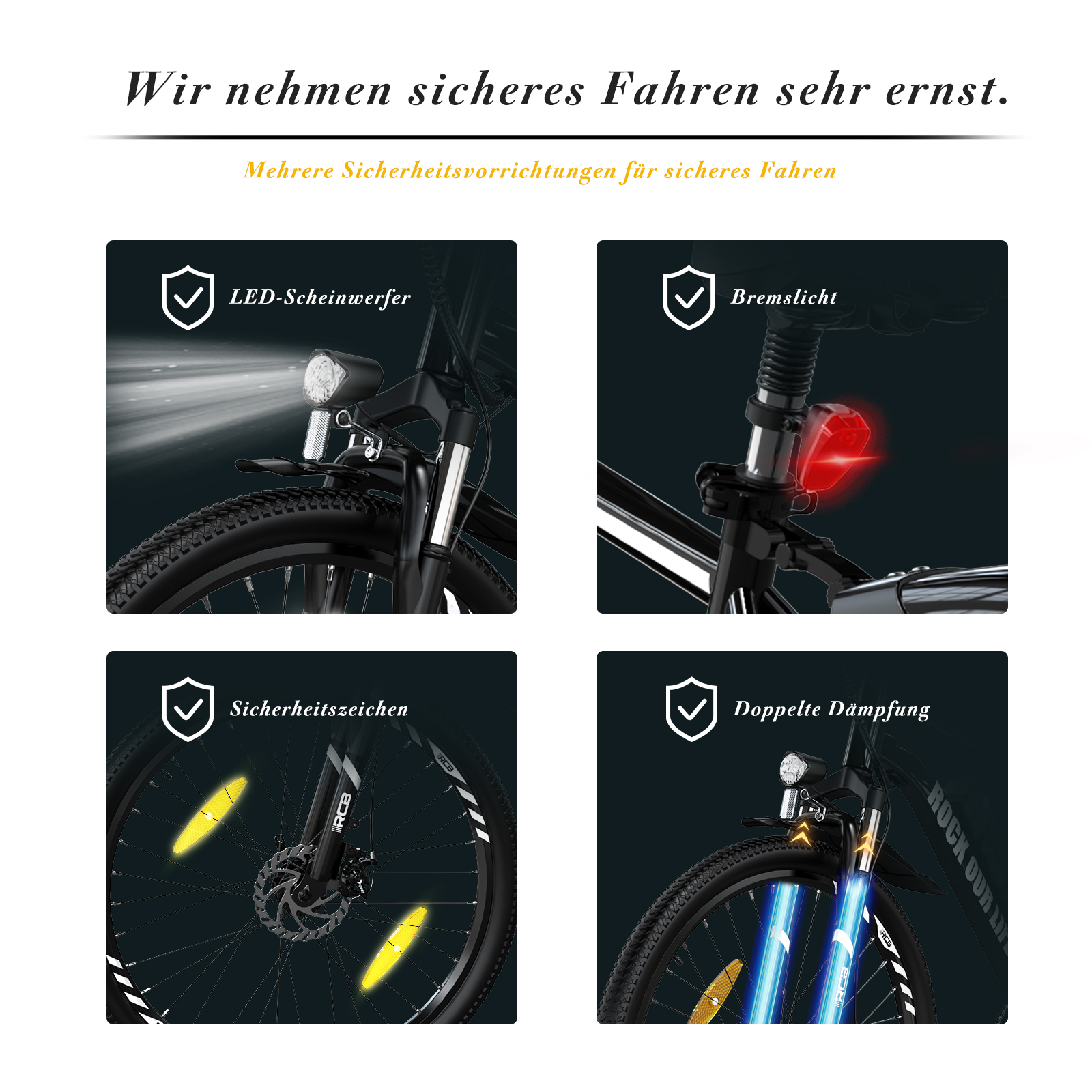 Immagine mostra diverse parti di una bici e le loro caratteristiche di sicurezza.