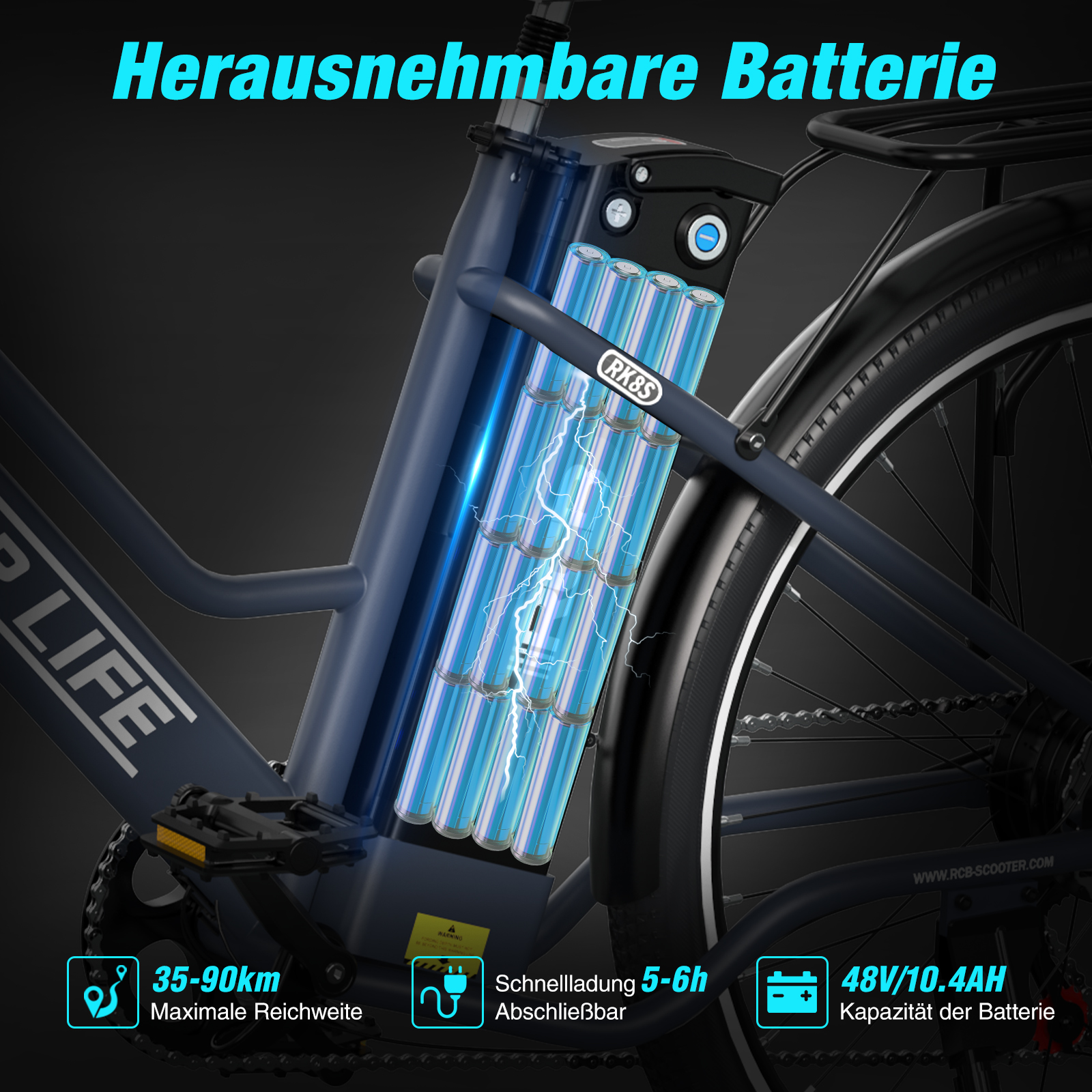 Bicicleta eléctrica que muestra el compartimento de la batería con texto en alemán. Colores negro y azul.