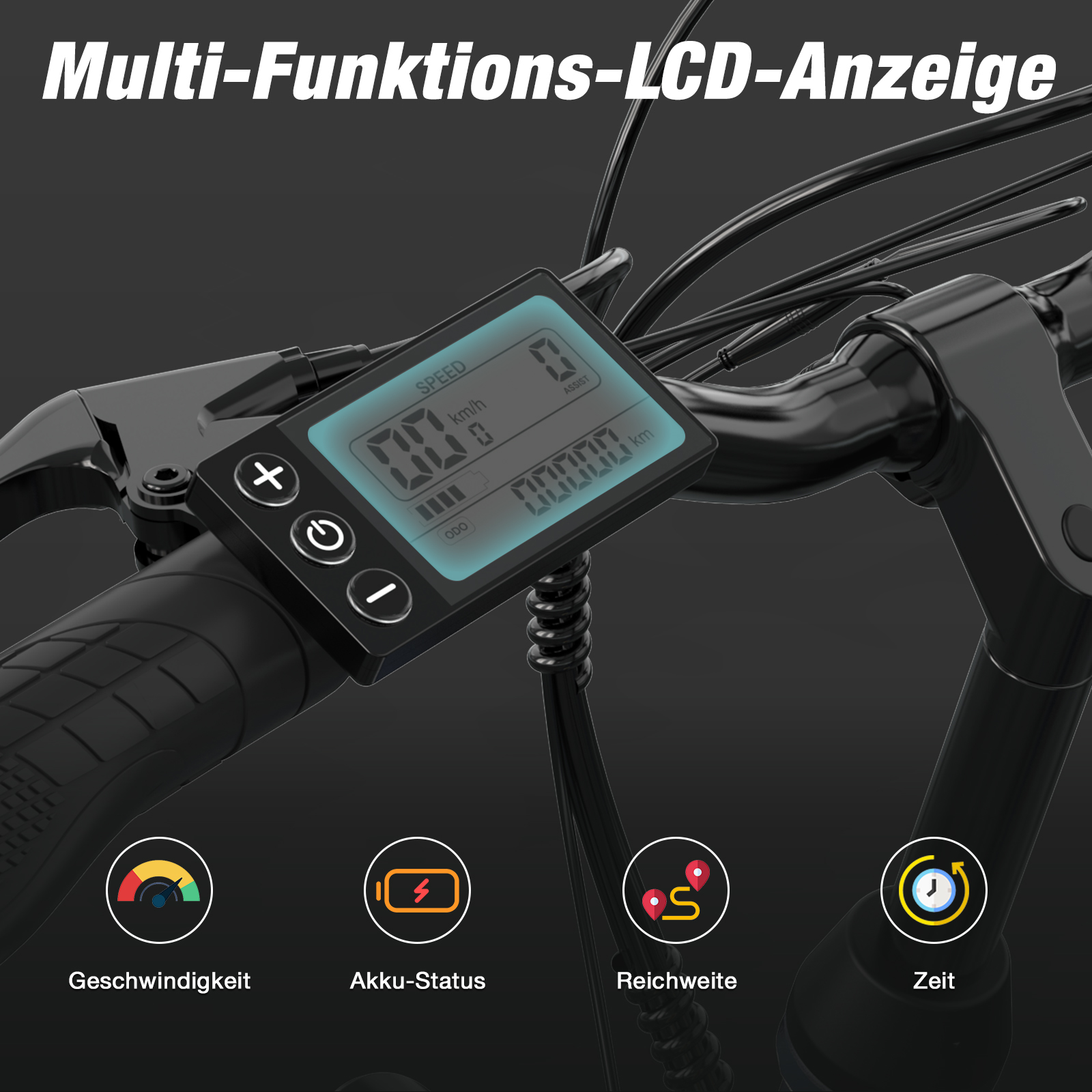 Pantalla de e-bike con datos. Manillar negro, fondo oscuro.