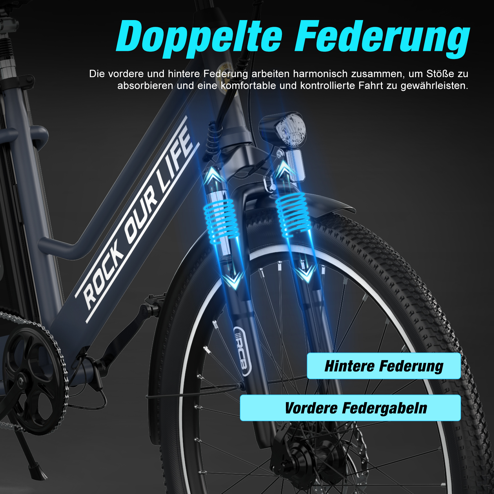 Horquillas delanteras de suspensión de bicicleta. Texto en alemán: Doble suspensión. Diseño negro y azul.