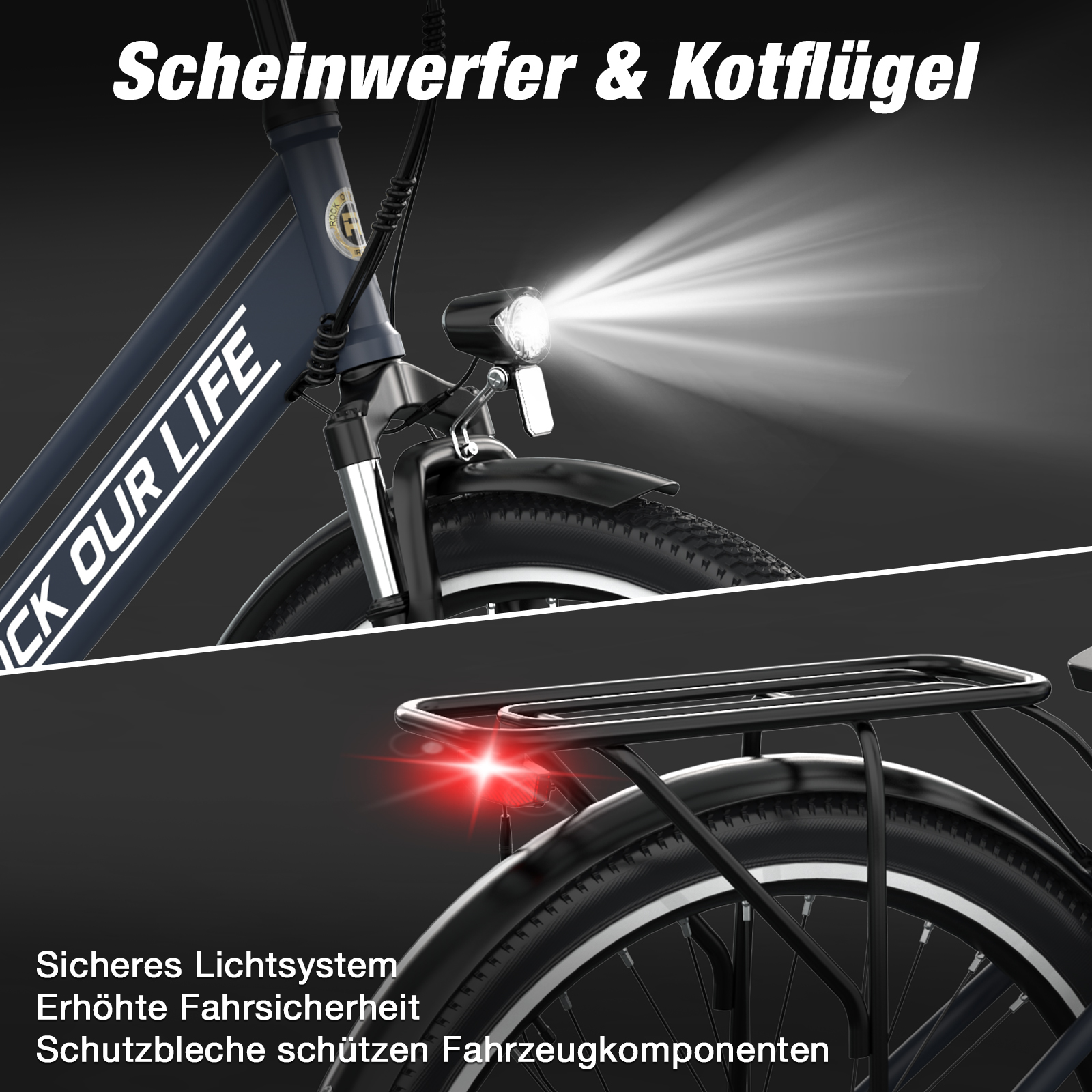 Primer plano de una bicicleta con faro y luz trasera iluminados.