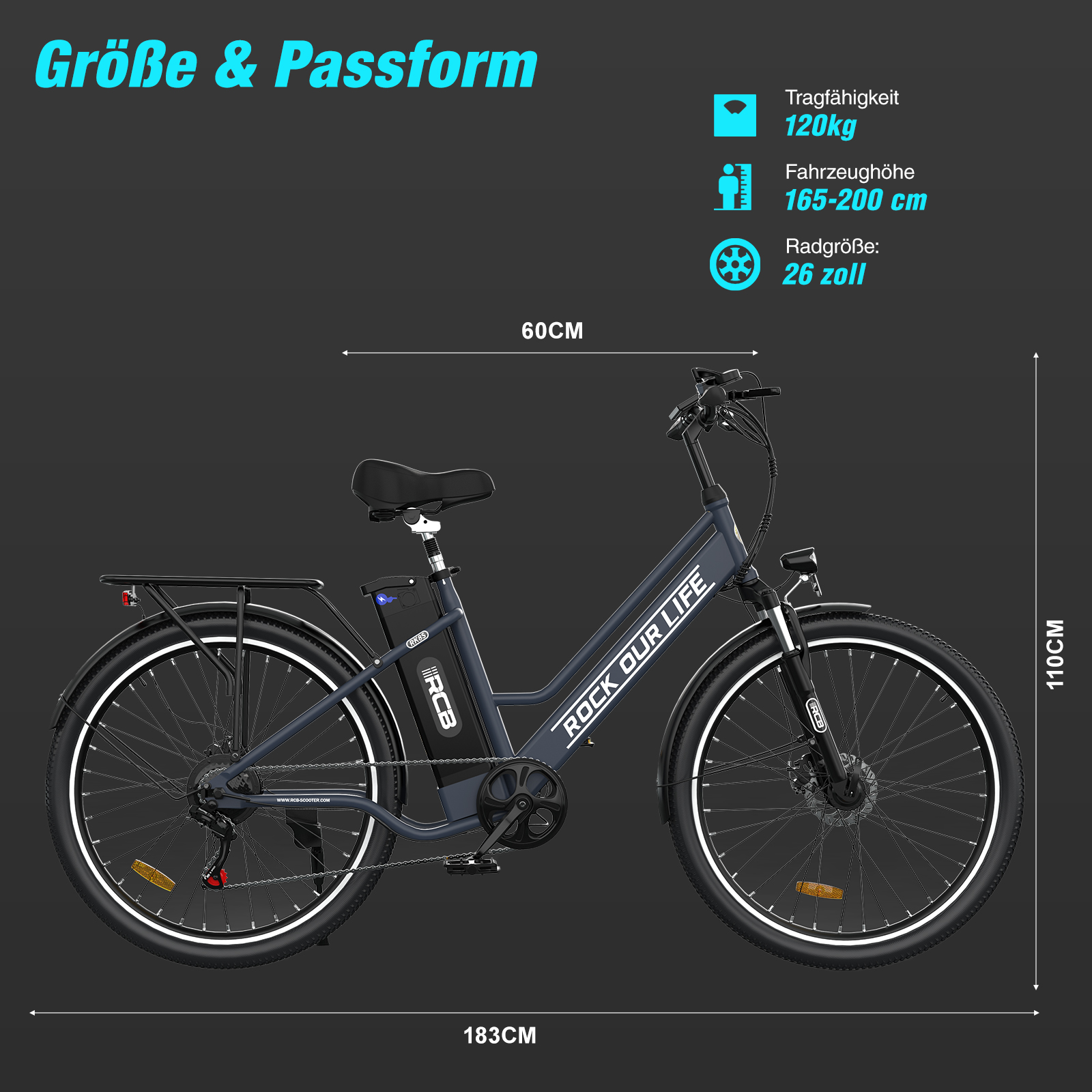Bicicleta gris oscura con dimensiones y texto, sobre un fondo gris con cielo azul.