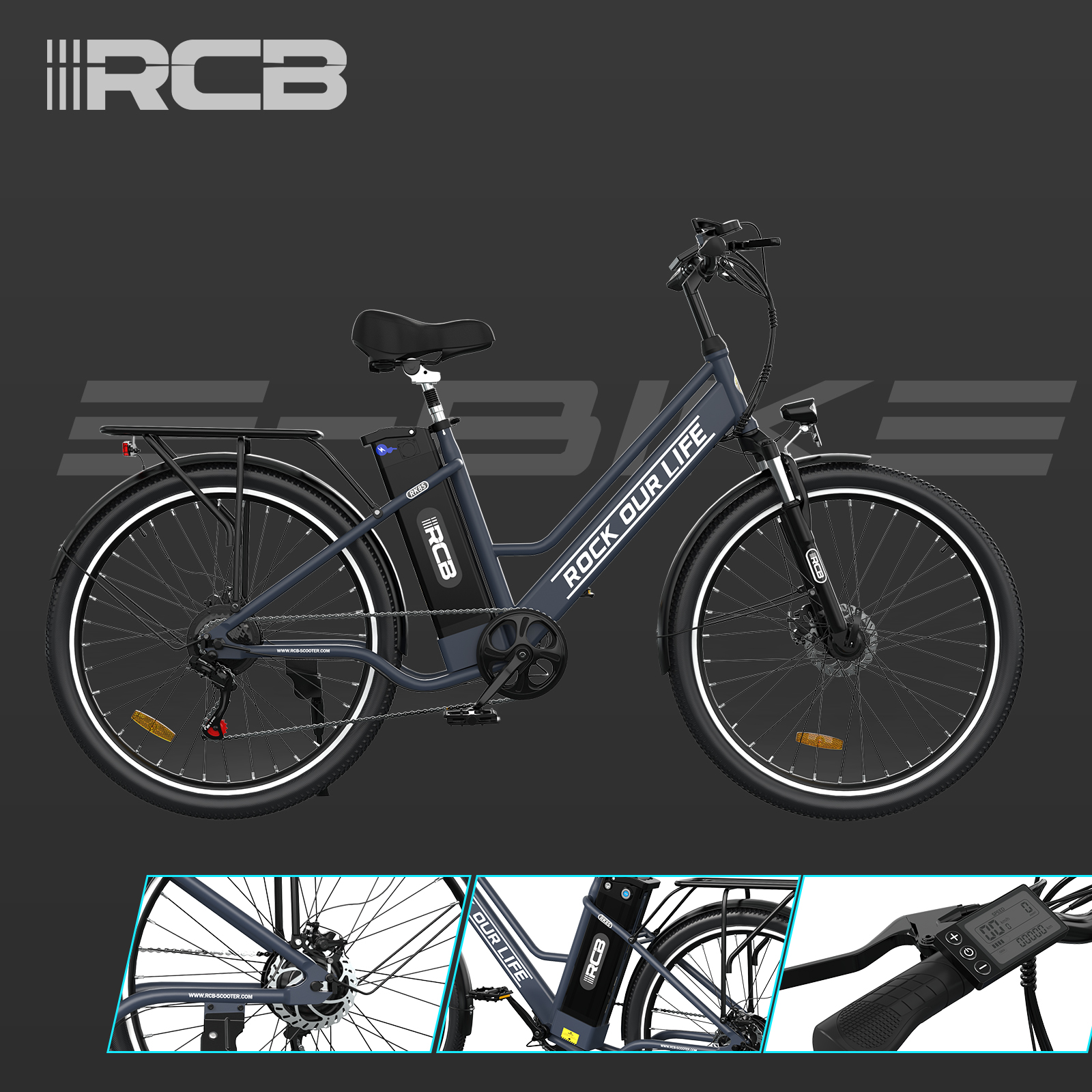 Una bicicleta eléctrica con marco negro, se ven las palabras "ROCK OUR LIFE".