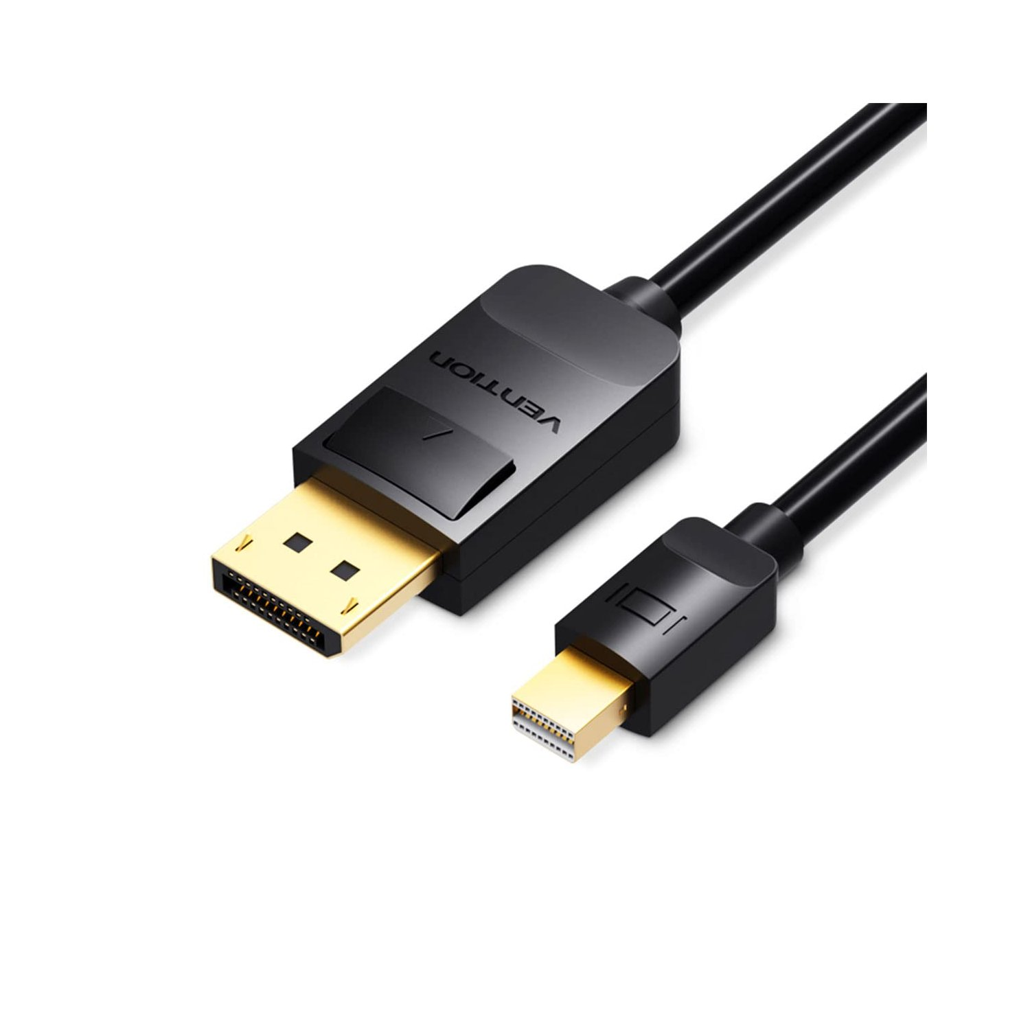 Zwarte DisplayPort-kabel met gouden connectoren. Het merk 'Vention' staat op de connector.